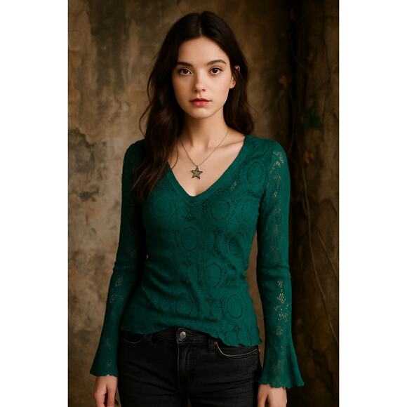 Intimately Free People Lace Top M/L Green Y2K Vintage Long Sleeve Fairy Grunge - Picture 1 of 4